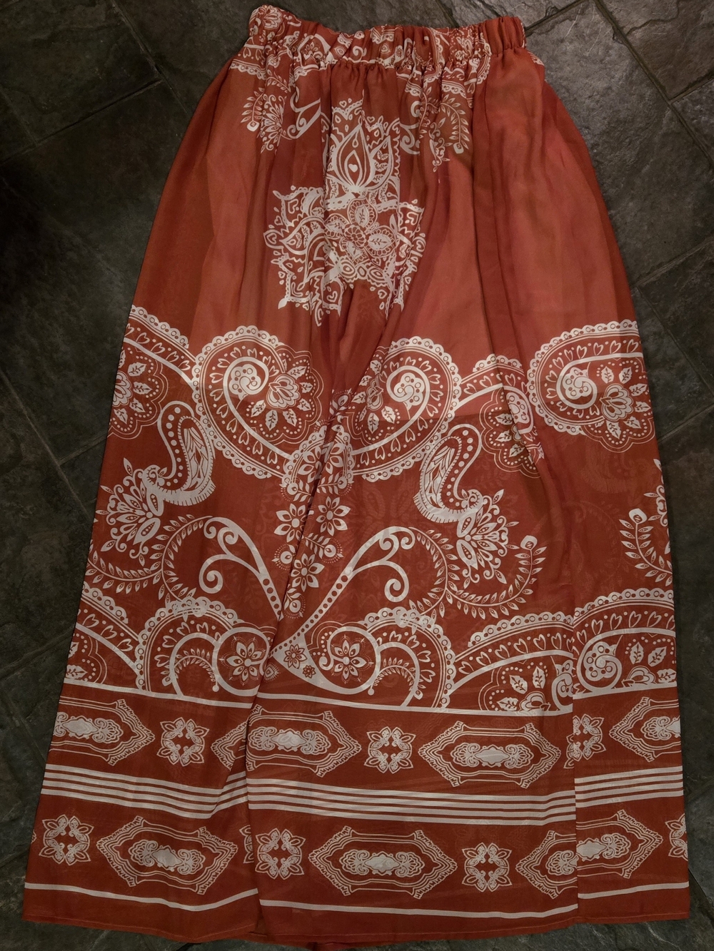 Blue Rain Rust Orange Maxi Skirt with White Paisley Print